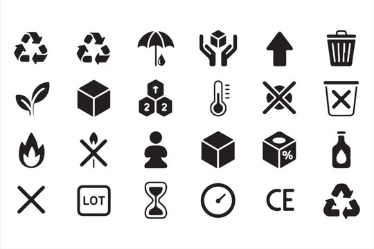 Set of Black and White Safety and Recycling Icons &ndash; Environmental Symbols