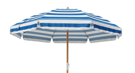 Beach umbrella in blue and white stripes standing against a transparent background, cutout PNG