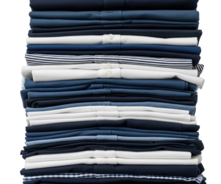 Neatly folded shirts in various shades of blue and white on a transparent background, cutout PNG - Powered by Adobe