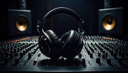 Professional Headphones on Mixing Console in Dark Studio Setting