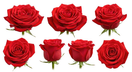 Assorted red roses in various stages of bloom with green stems, transparent background, cutout PNG