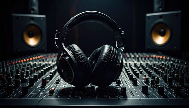Professional Headphones on Mixing Console in Dark Studio Setting - Powered by Adobe
