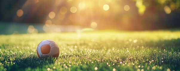 Whistle resting on dew covered grass during early morning sunlight at a football field
