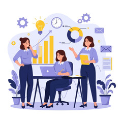 Vector Illustration of a Female Business Team Collaborating on a Successful Project