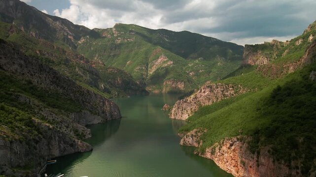 Aerial view of reservoir lake Koman canyon , Albania