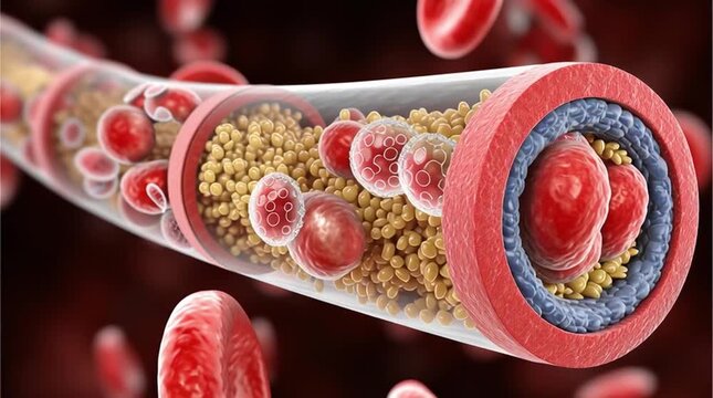 Metabolic syndrome cholesterol. A close-up illustration of an artery clogged with cholesterol and blood cells, depicting arteriosclerosis or blocked blood flow.