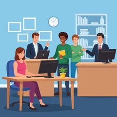Vector Illustration of a Diverse Business Team Collaborating and Discussing Ideas in the Office