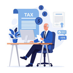 Tax Filing Vector Illustration Working at Desk with Laptop, Calculator, Money, and Overwhelmed by Tax Documents