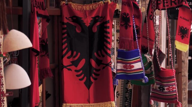Albanian flag on the market in Gjirokaster