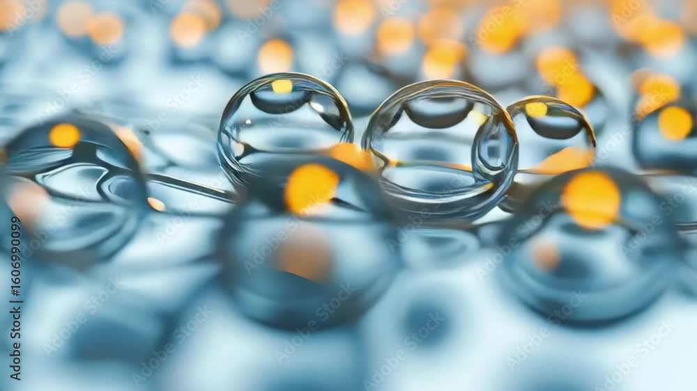 Poster close-up view of water droplets on a reflective surface with soft background bokeh effects