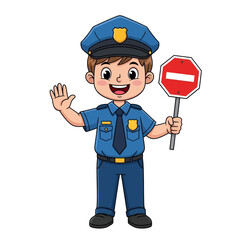 Policeman Holding a Stop Sign with a Traffic Cone Vector Illustration