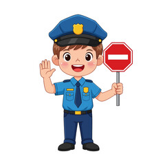 Policeman Holding a Stop Sign with a Traffic Cone Vector Illustration