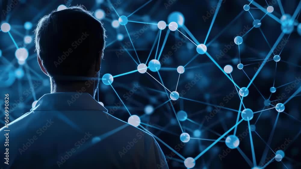 Poster man in white coat analyzing data in futuristic background with connecting dots and nodes