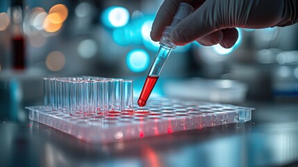 Scientific researcher analyzing blood samples in a laboratory setting