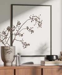 Modern Minimalist Interior with Poster Frame Mockup on Wooden Sideboard – Japandi Home Decor and Natural Light – 3D Rendering