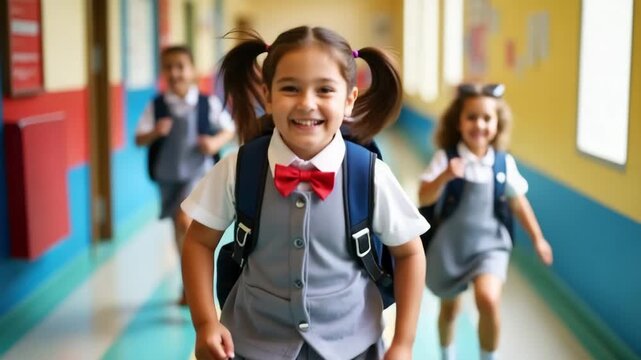 Excited School Girl Running in Hallway Back to School Moments