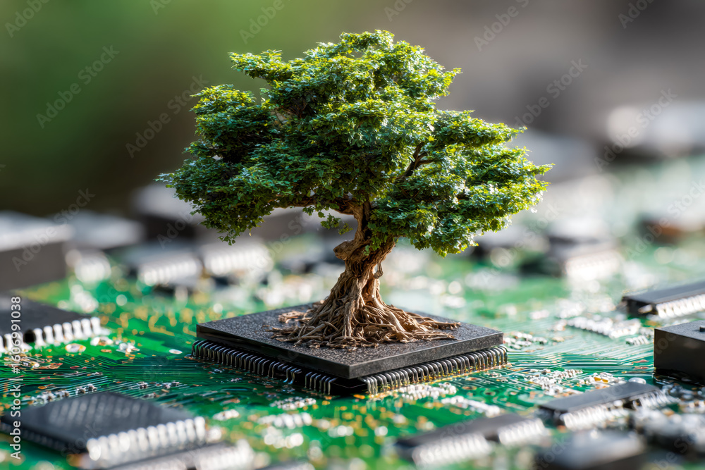 Poster digital circuit with miniature tree symbolizing technology and nature integration