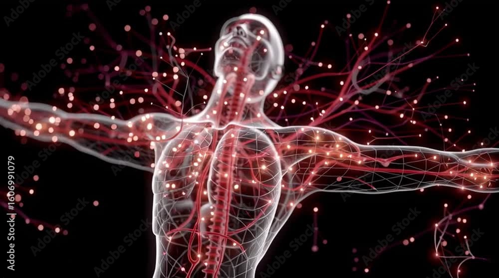 Poster metabolic syndrome cholesterol. a translucent human figure with glowing neural networks and connecti