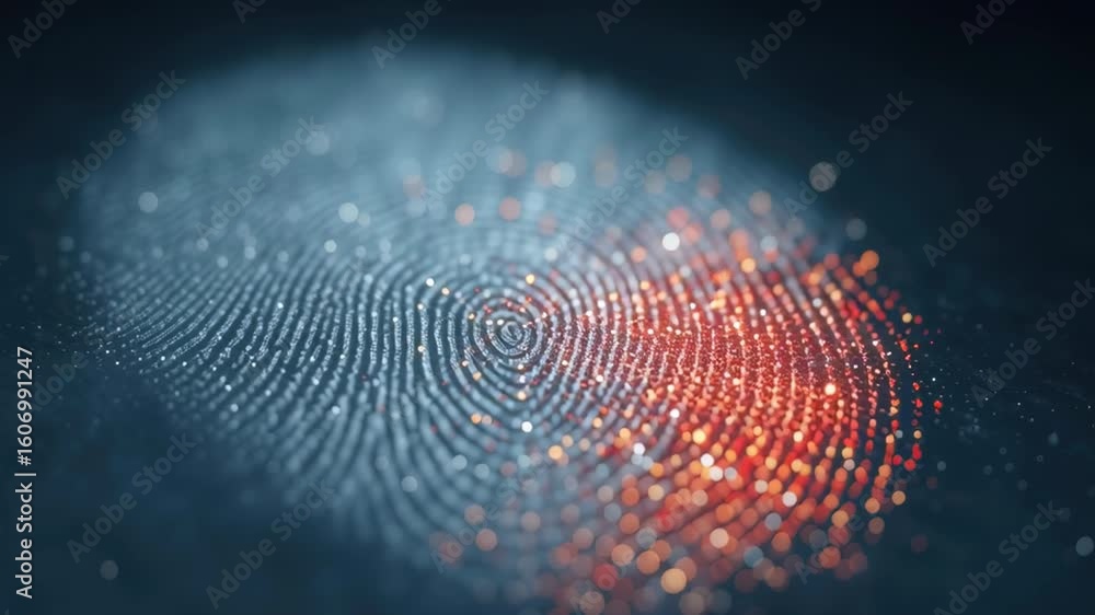 Poster abstract digital graphic of glowing dots forming a colorful fingerprint pattern on dark background