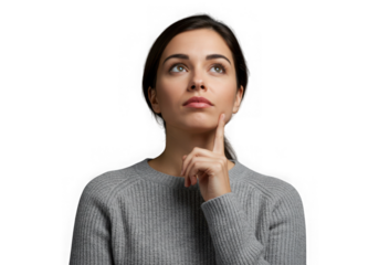 Woman looking upward in thoughtful pose on transparent background