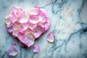 Obraz premium Heart shape made of pink rose petals on a marble surface designed for romantic events or decoration ideas