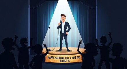 Cartoon comedian performing standup on national tell a joke day celebration