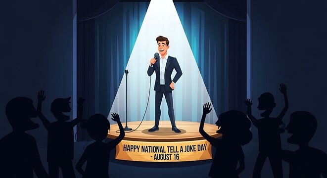 Cartoon comedian performing standup on national tell a joke day celebration