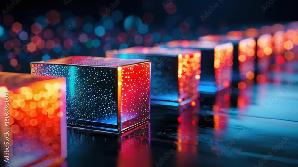 Poster colorful geometric cubes illuminated with vibrant lights on dark reflective surface in abstract desi