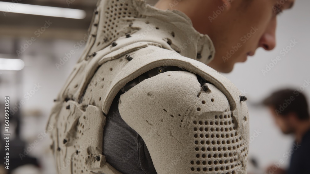 Poster close up of a futuristic silicone foam suit prototype, highlighting unique layering and joint articu