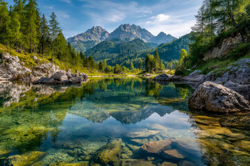 Serene mountain lake surrounded by lush forest and towering peaks under a clear sky