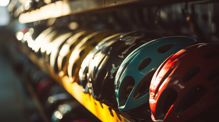Row of cycling helmets covered in dust on a shelf in a dimly lit storage area after a long period of inactivity
