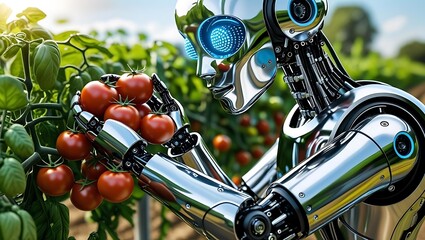 AI-powered robot harvesting vegetables on an organic farm, representing future farming and green technology  
