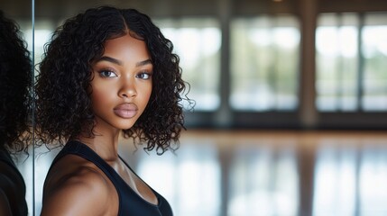 Dance rehearsal preparation beautiful dancer with natural curls in modern studio setting