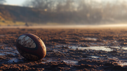Solitary rugby ball rests on a muddy field during early morning light in a calm and quiet rural landscape