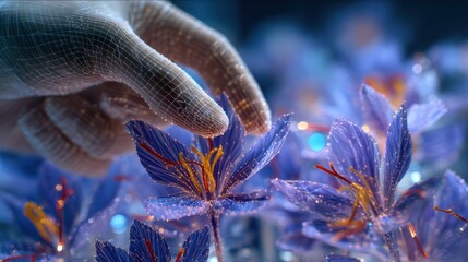 Scientist in protective gloves inspecting saffron flowers within a microreactor, highlighting biopigments on petals and blending nature with technology in botanical research