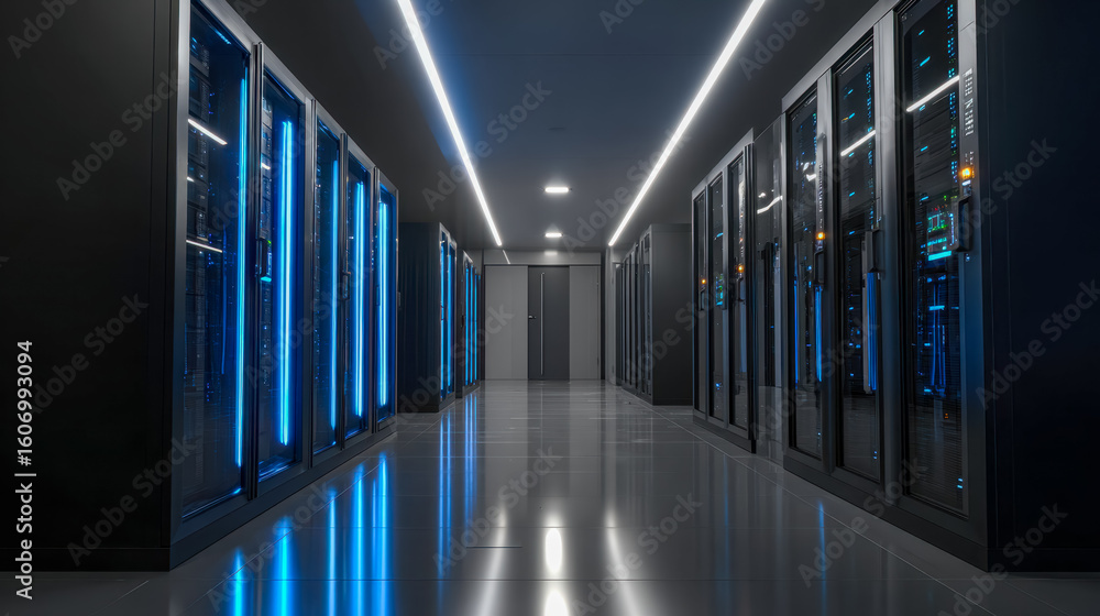 Poster modern data center with illuminated server racks and sleek lighting design