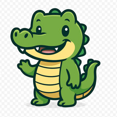 A playful, green cartoon alligator with a wide smile and sharp teeth, standing on its hind legs, isolated on a clean background.