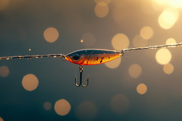 Fishing lure suspended on wire catching light during sunset with blurred background of shimmering water droplets