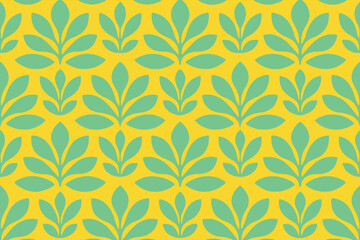 Seamless pattern of stylized green leaves on a vibrant yellow background