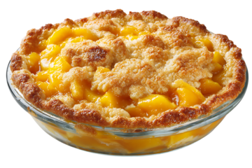 On transparent background a golden brown peach crumble dessert in a clear round glass dish featuring a sweet