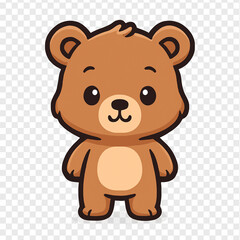 A cute, brown cartoon bear standing on all fours, looking forward with a curious expression, isolated on a clean background.