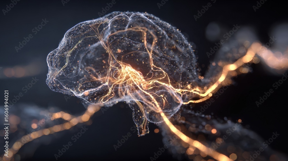 Poster 3d rendering of brain circuitry affected by a movement disorder revealing flickering neuronal activi