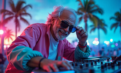 An elder man DJ with a cool, laid-back Miami vibe