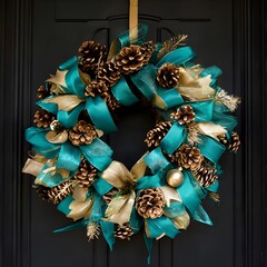 Elegant Holiday Wreath Teal Ribbons, Festive Front Door Decoration for Christmas, Winter Celebrations, Seasonal, and Home Decor