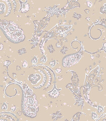 Paisley seamless vector pattern in traditional Oriental style. Decorated with flowers, leaves, and fantasy elements, for fabric, textile and wallpaper covers