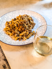 Makaroni po flotski russian national dish. homestyle