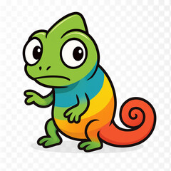 A colorful cartoon chameleon with green, blue, orange, and red scales, featuring large eyes and a curious expression, sitting on a clean background.
