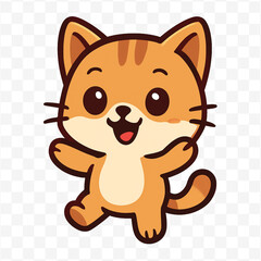 An adorable cartoon cat with orange fur and stripes, depicted with a cheerful expression and one paw raised in a friendly wave, on a transparent background.