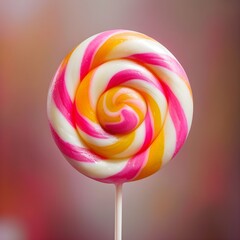 Vibrant Swirling Lollipop with Glossy Pink, Orange, and White Spiral Pattern, Close-Up Candy on Stick, Bright Product Photography and Colorful Blurred Background
