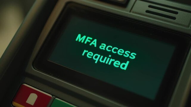 MFA, Muti-Factor Authentication Concepts.  "MFA access required" displayed on screen, emphasizing secure access, safe transactions, and protected device information.